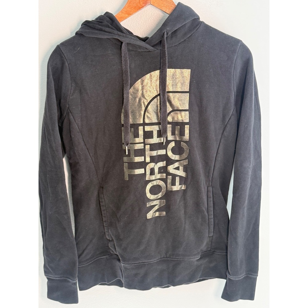 The North Face Womens Black Hoodie Metallic Gold Foil Logo Pullover Sweatshirt M